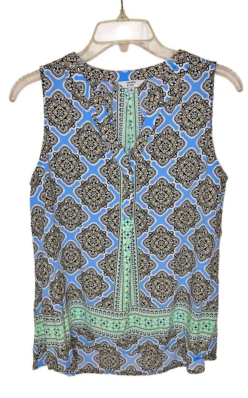 Crown & Ivy Women’s Blue White Trellis Summer Tank Sleeveless Blouse Size Medium
